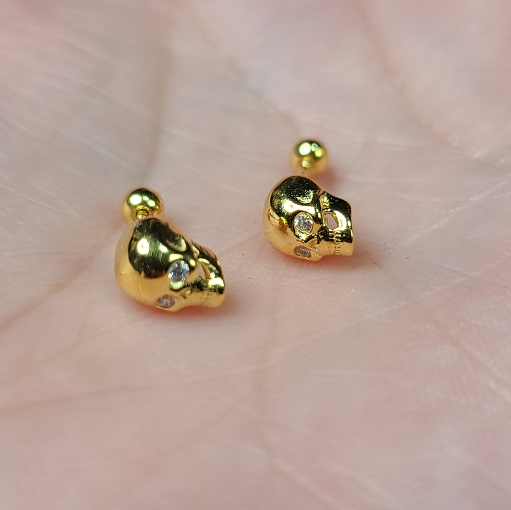 💀 925 Sterling Silver Skull Yellow Gold Plated CZ - Picture 7 of 15